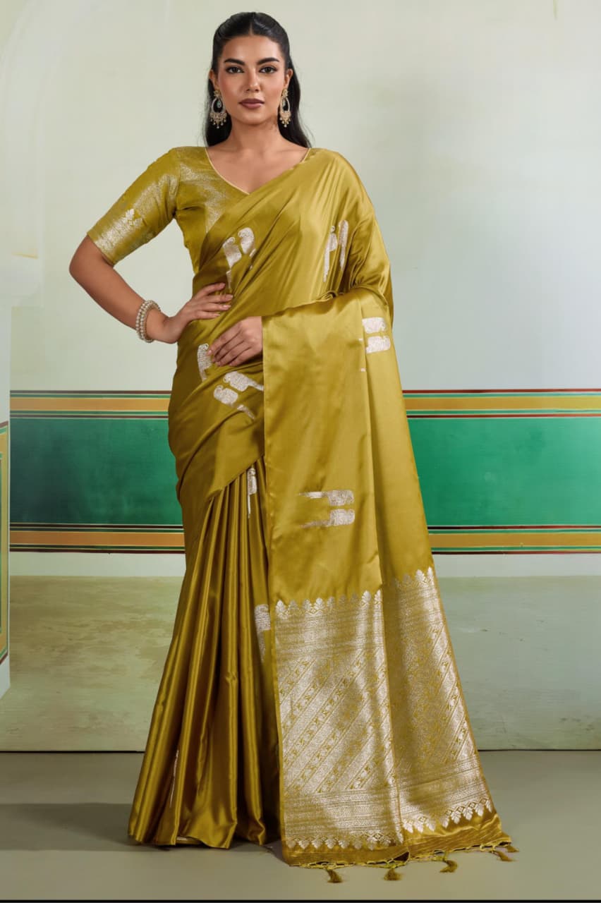 Mustard Pure Satin Handloom Weaving Saree