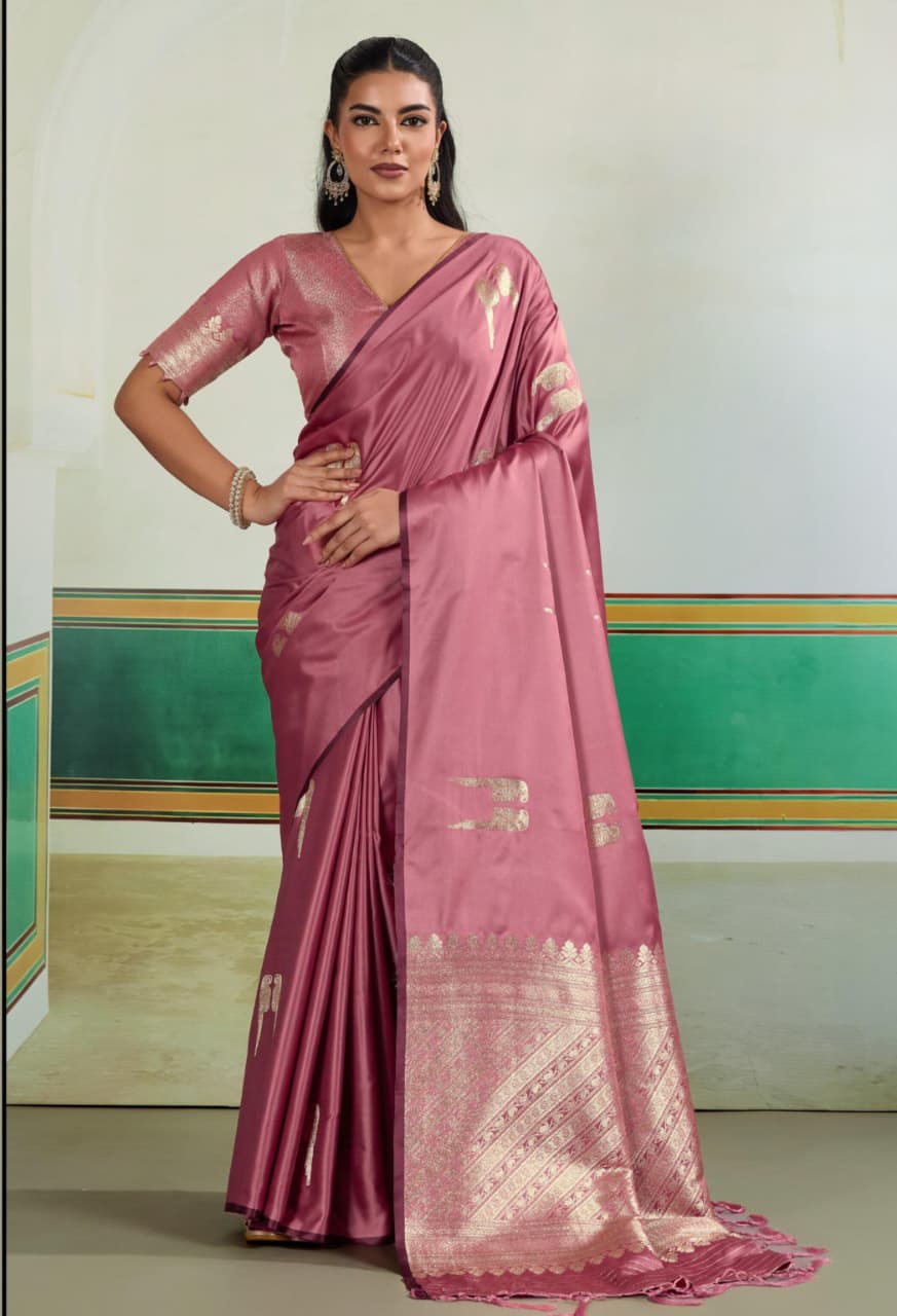 Pink Pure Satin Handloom Weaving Saree