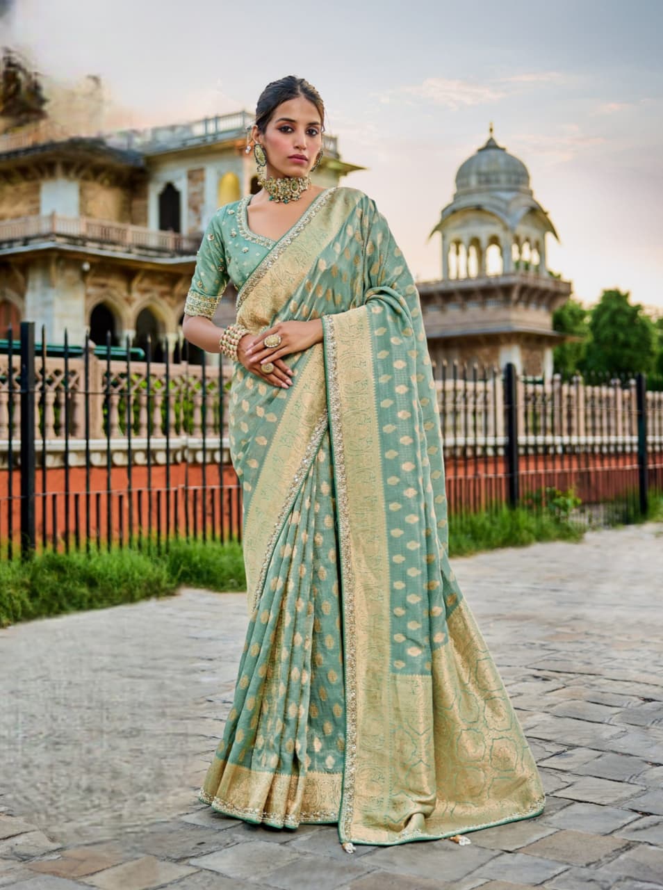 Sea Green Viscose Tissue Bead Work Saree