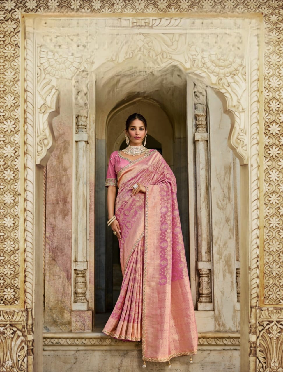 Pink Viscose Tissue Bead Work Saree