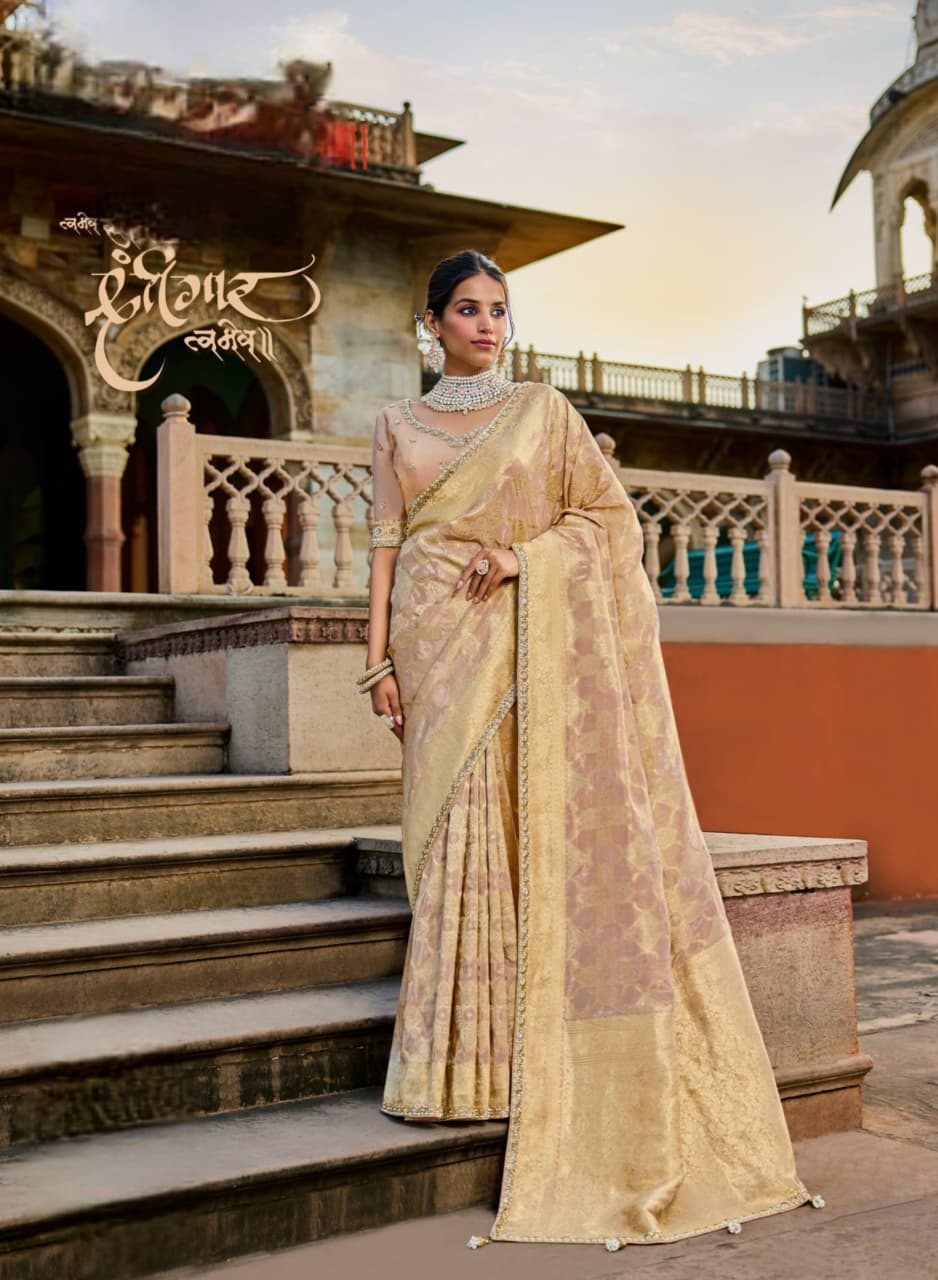 Golden Beige Viscose Tissue Bead Work Saree