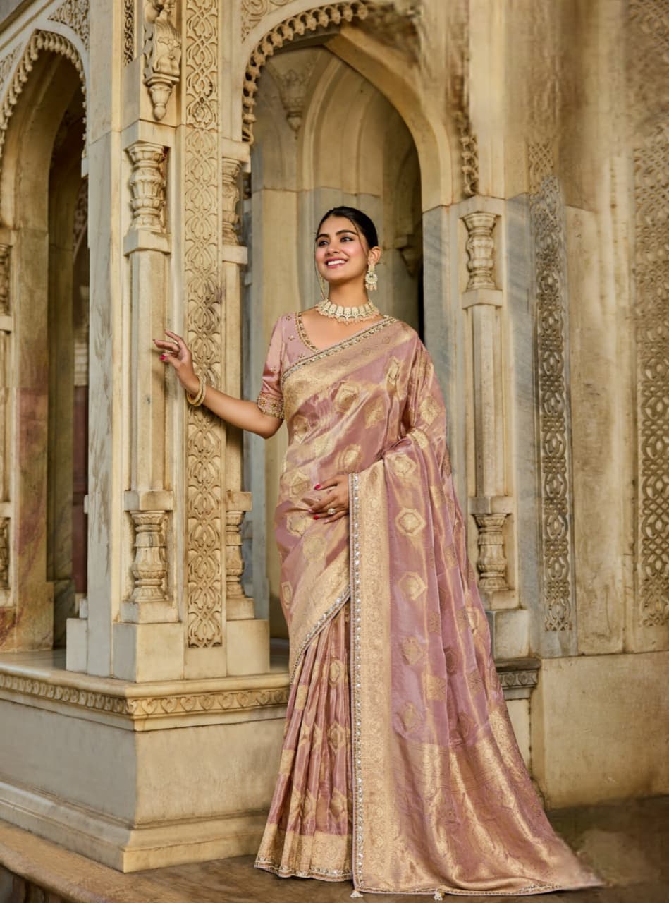Mauve Pink Viscose Tissue Bead Work Saree