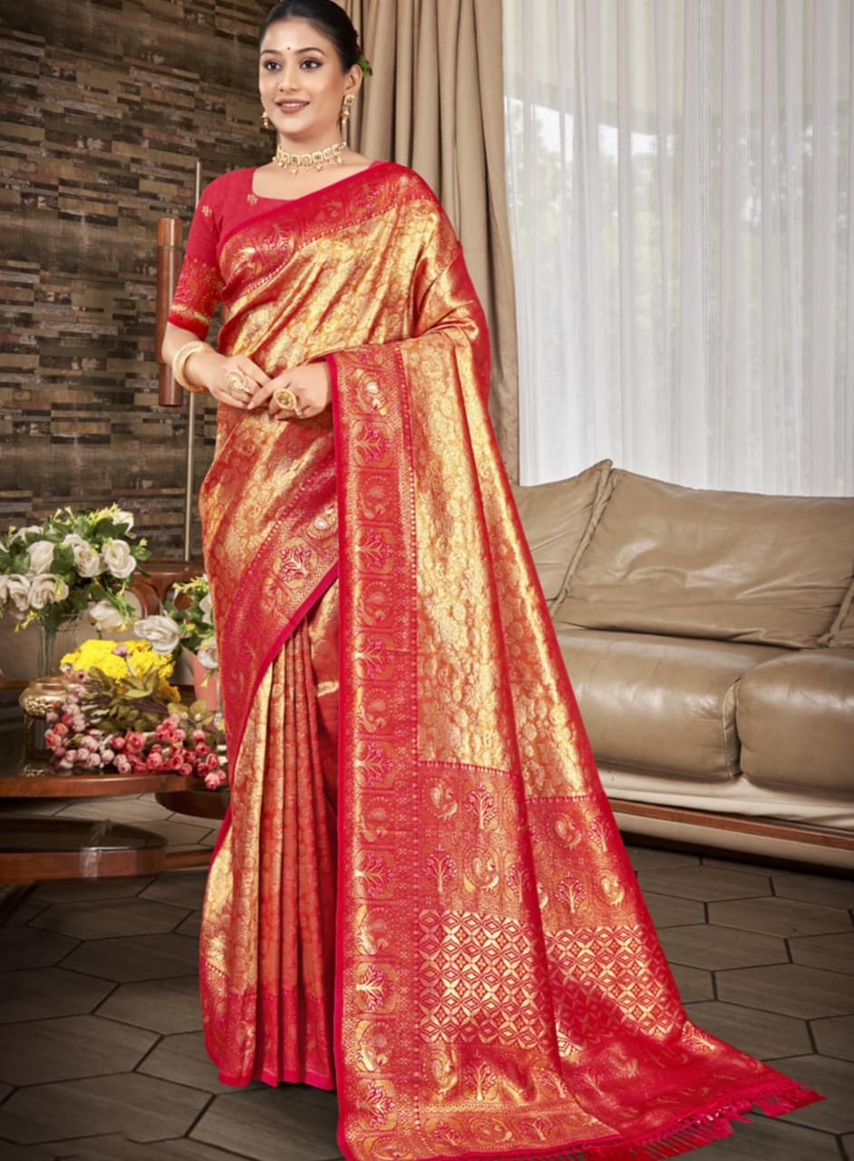 Red Golden Kanjivaram Silk Weaving Work Saree