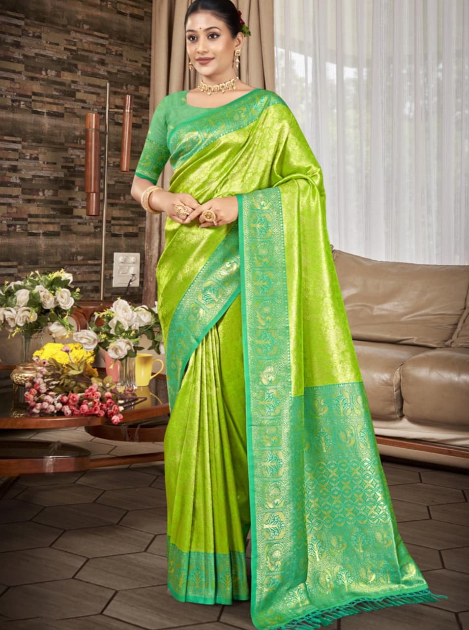 Green Kanjivaram Silk Weaving Work Saree