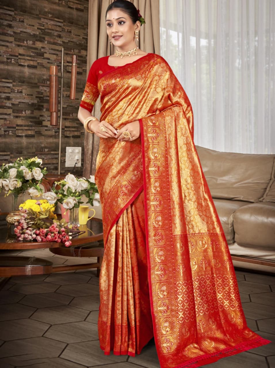 Red Orange Kanjivaram Silk Weaving Work Saree