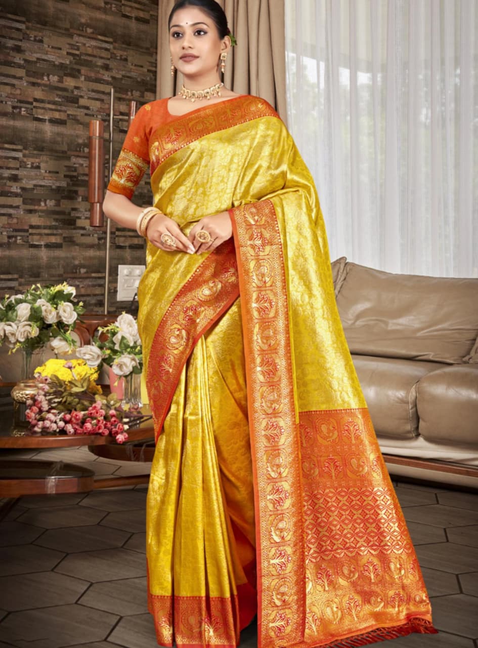 Yellow Orange Kanjivaram Silk Weaving Work Saree