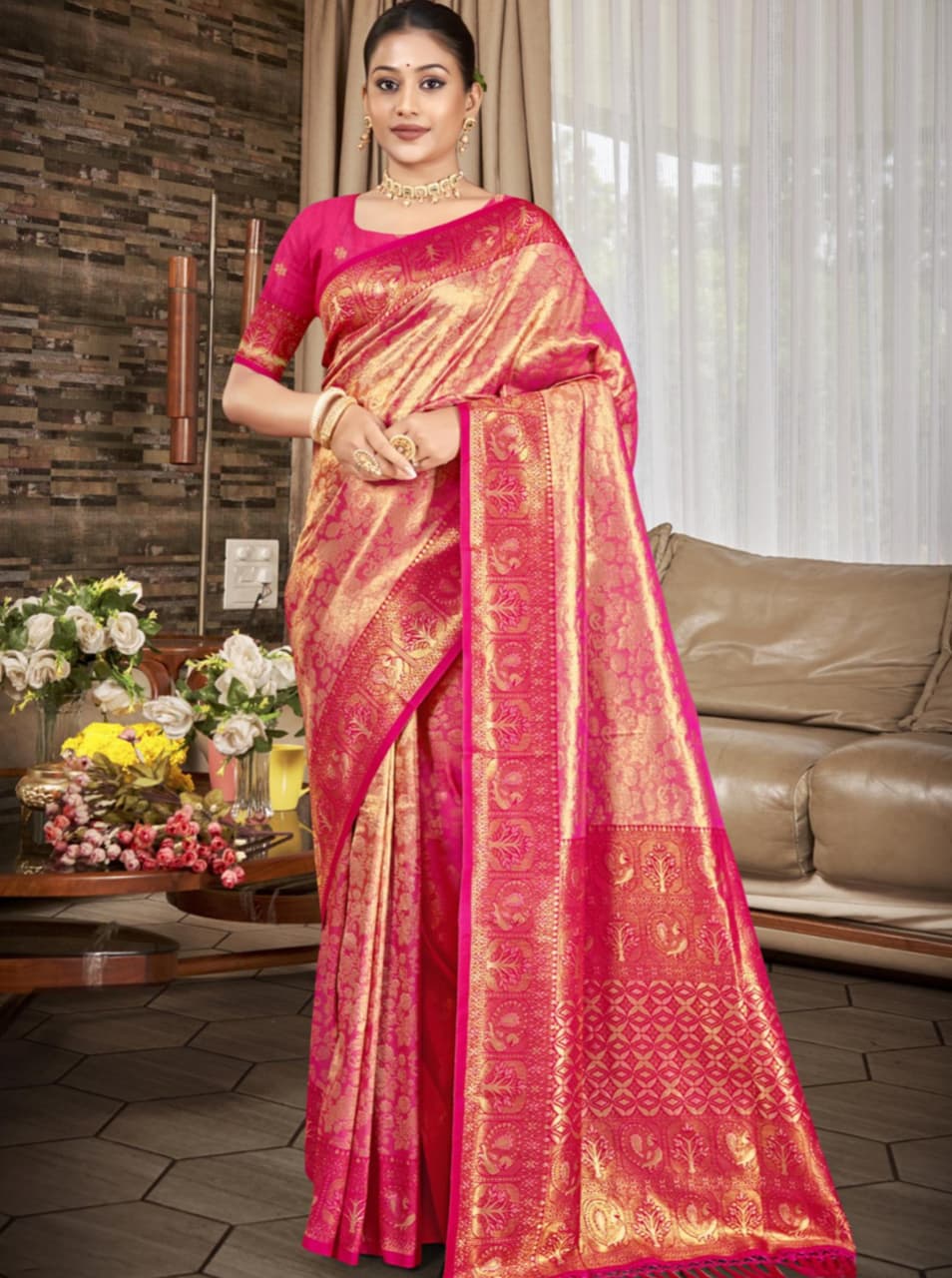 Pink Kanjivaram Silk Weaving Work Saree