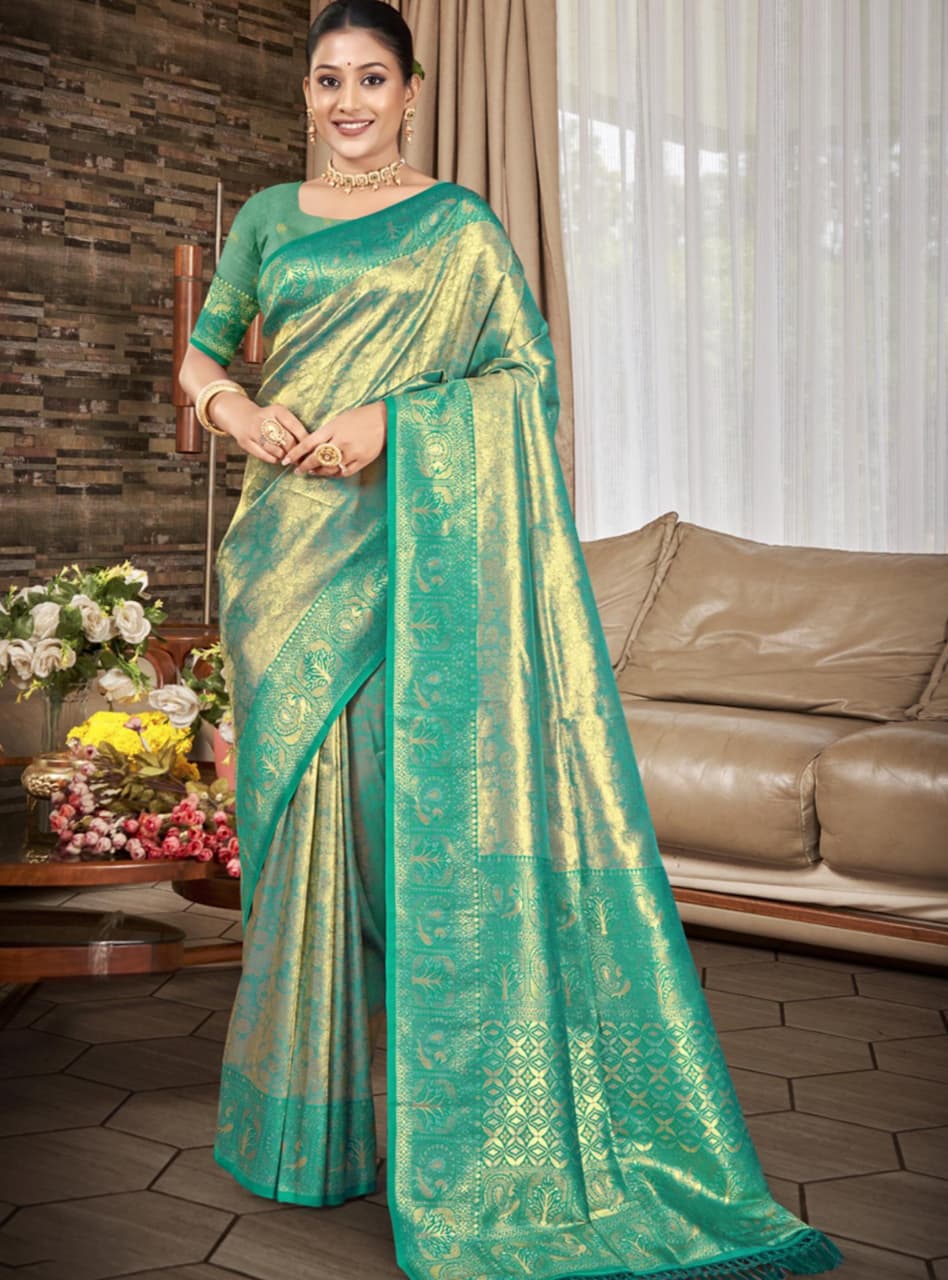 Teal Green Kanjivaram Silk Weaving Work Saree