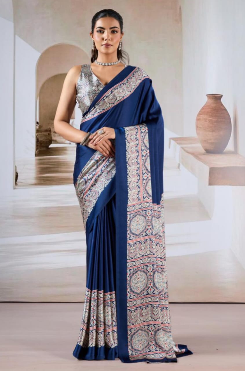 Royal Blue Modal Satin Ajrakh Print Saree