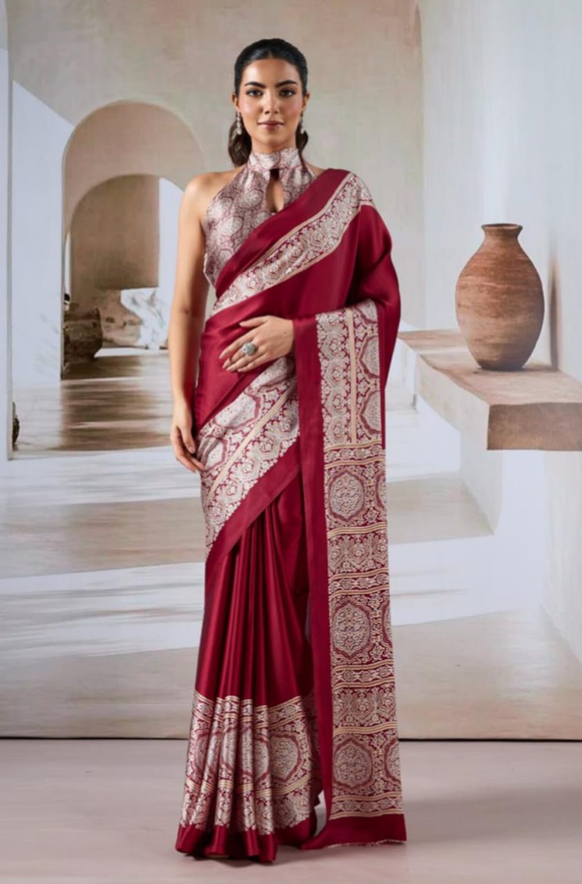 Maroon Modal Satin Ajrakh Print Saree