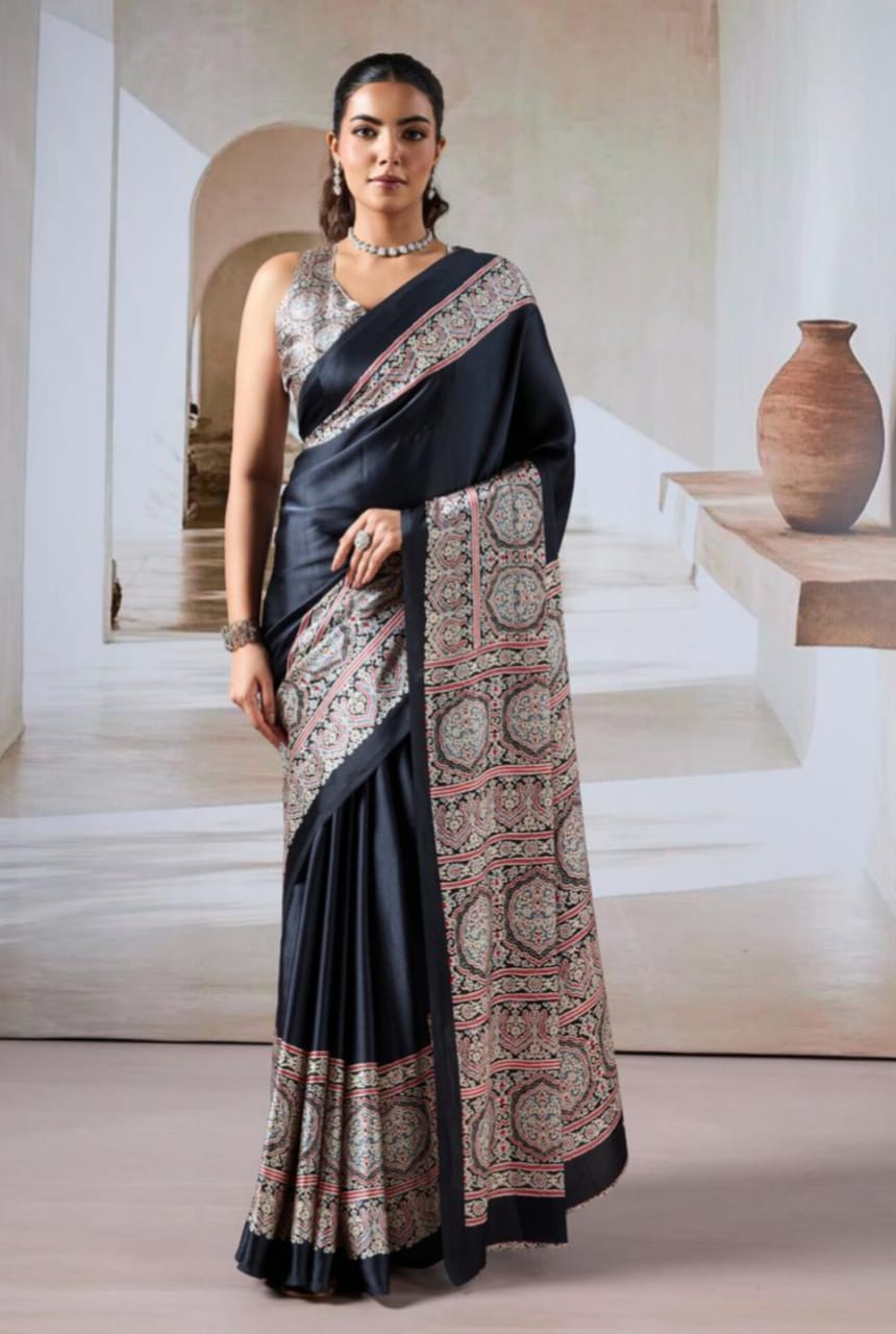 Navy Blue Modal Satin Ajrakh Print Saree