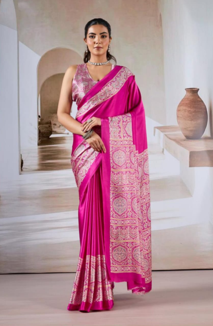 Pink Modal Satin Ajrakh Print Saree