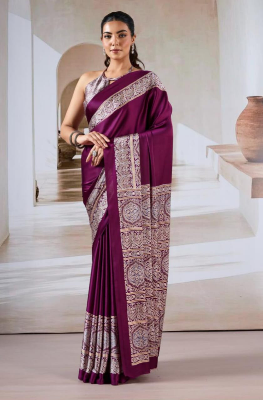 Purple Modal Satin Ajrakh Print Saree