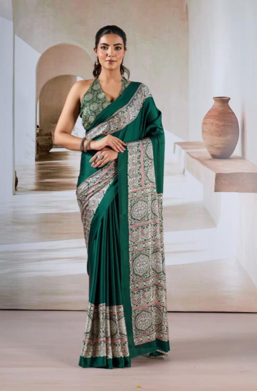 Teal Green Modal Satin Ajrakh Print Saree