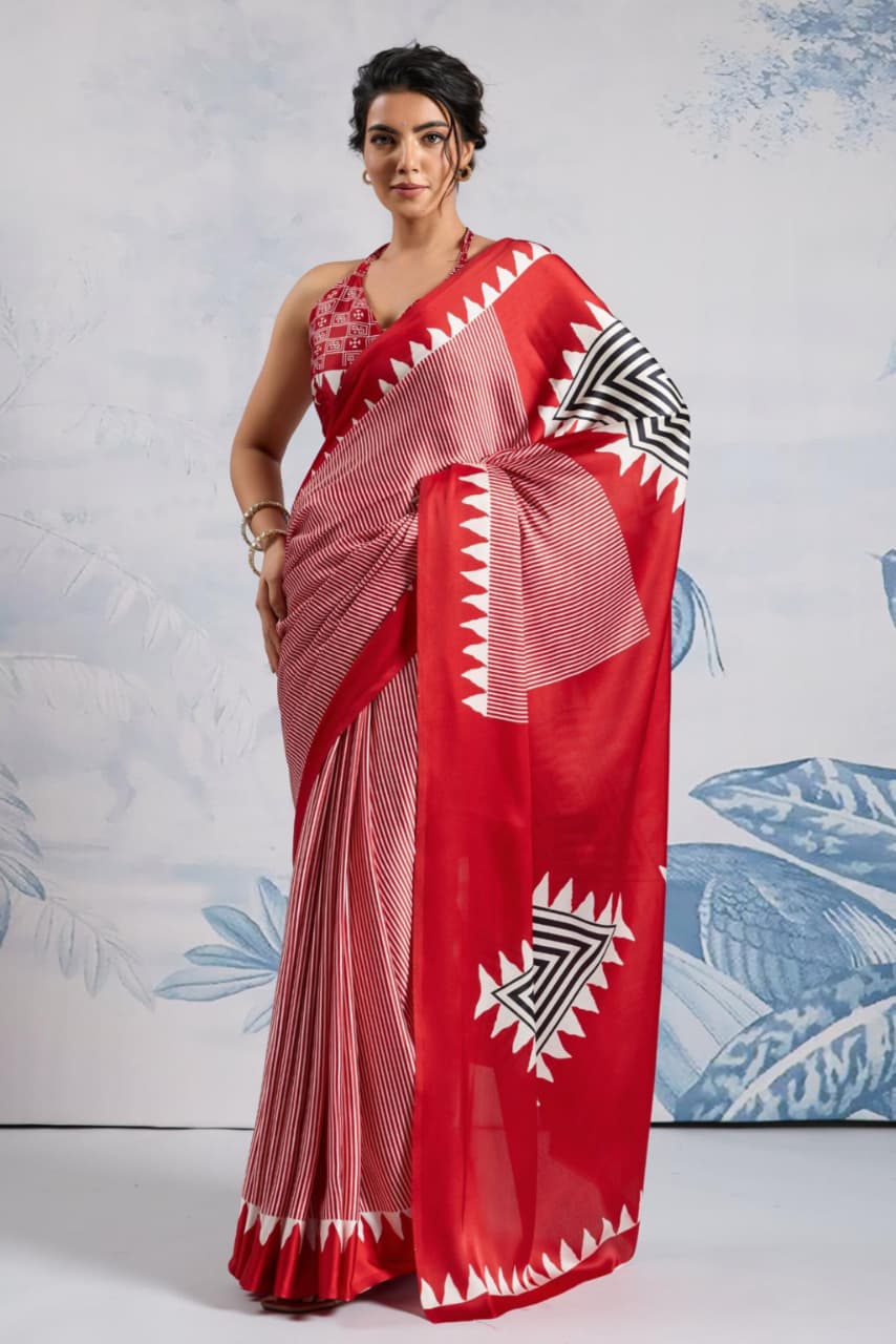Red Modal Satin Ajrakh Print Saree
