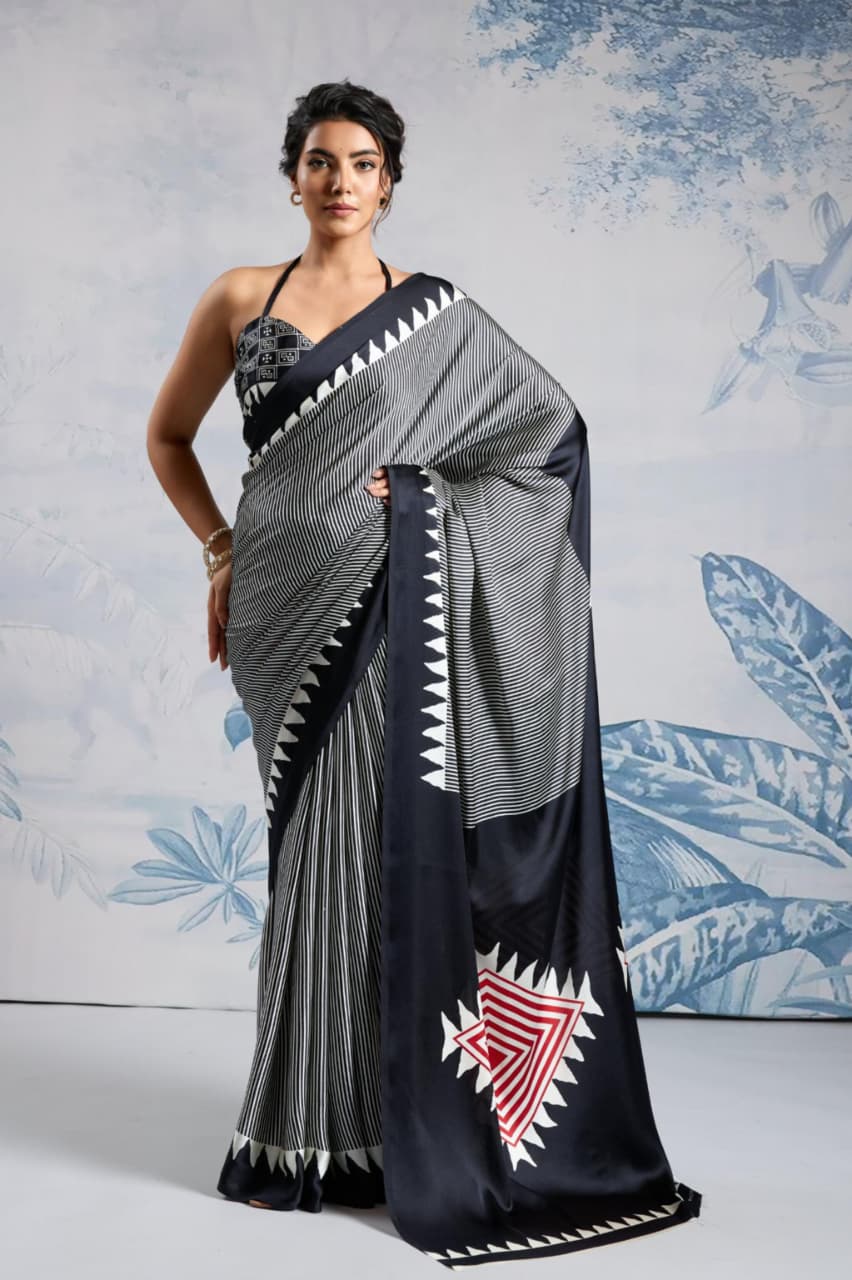 Grey Modal Satin Ajrakh Print Saree