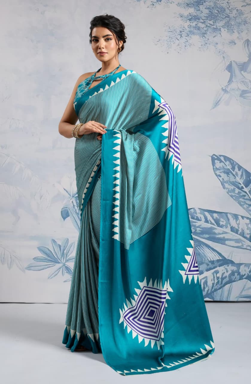 Turquoise Modal Satin Ajrakh Print Saree