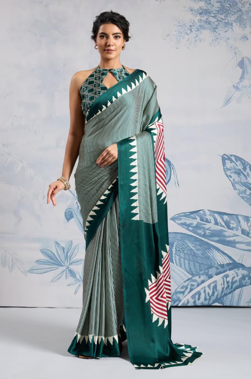 Green Modal Satin Ajrakh Print Saree