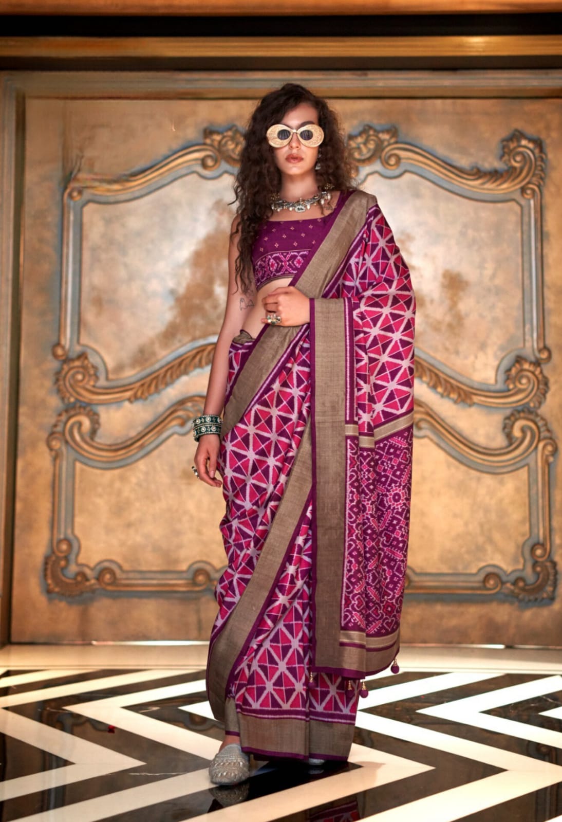 Magenta Double Ikkat Silk Printed Saree