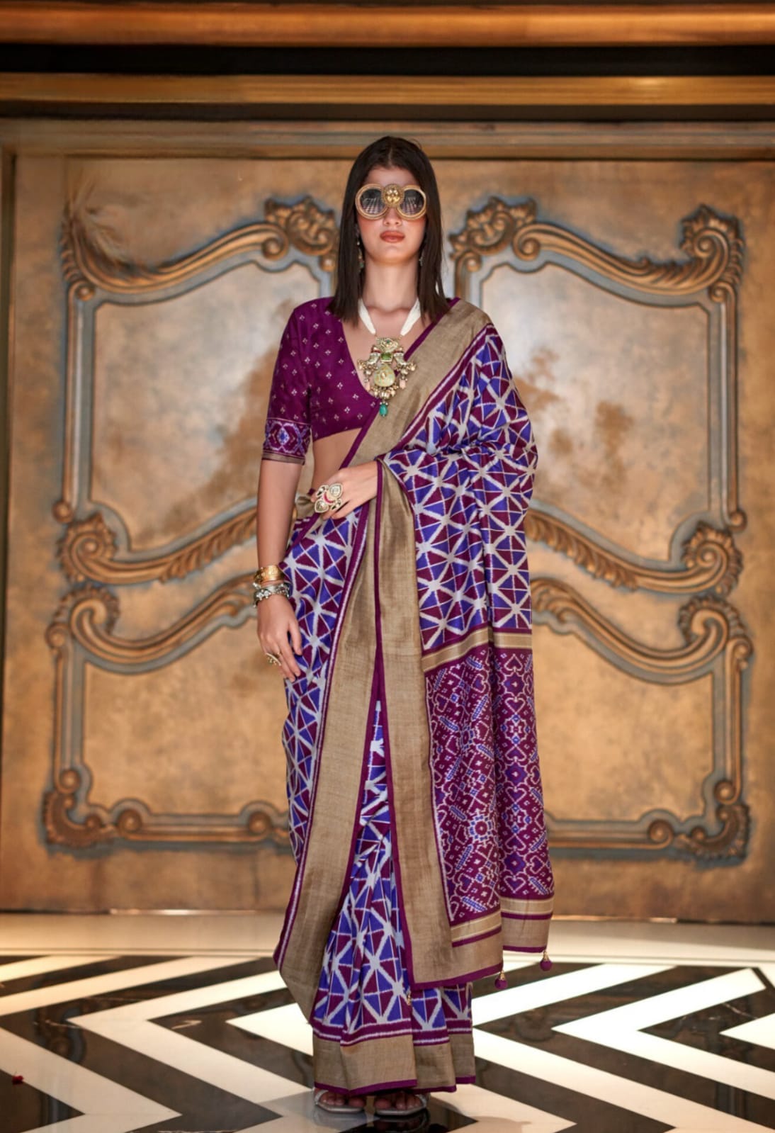 Purple Double Ikkat Silk Printed Saree