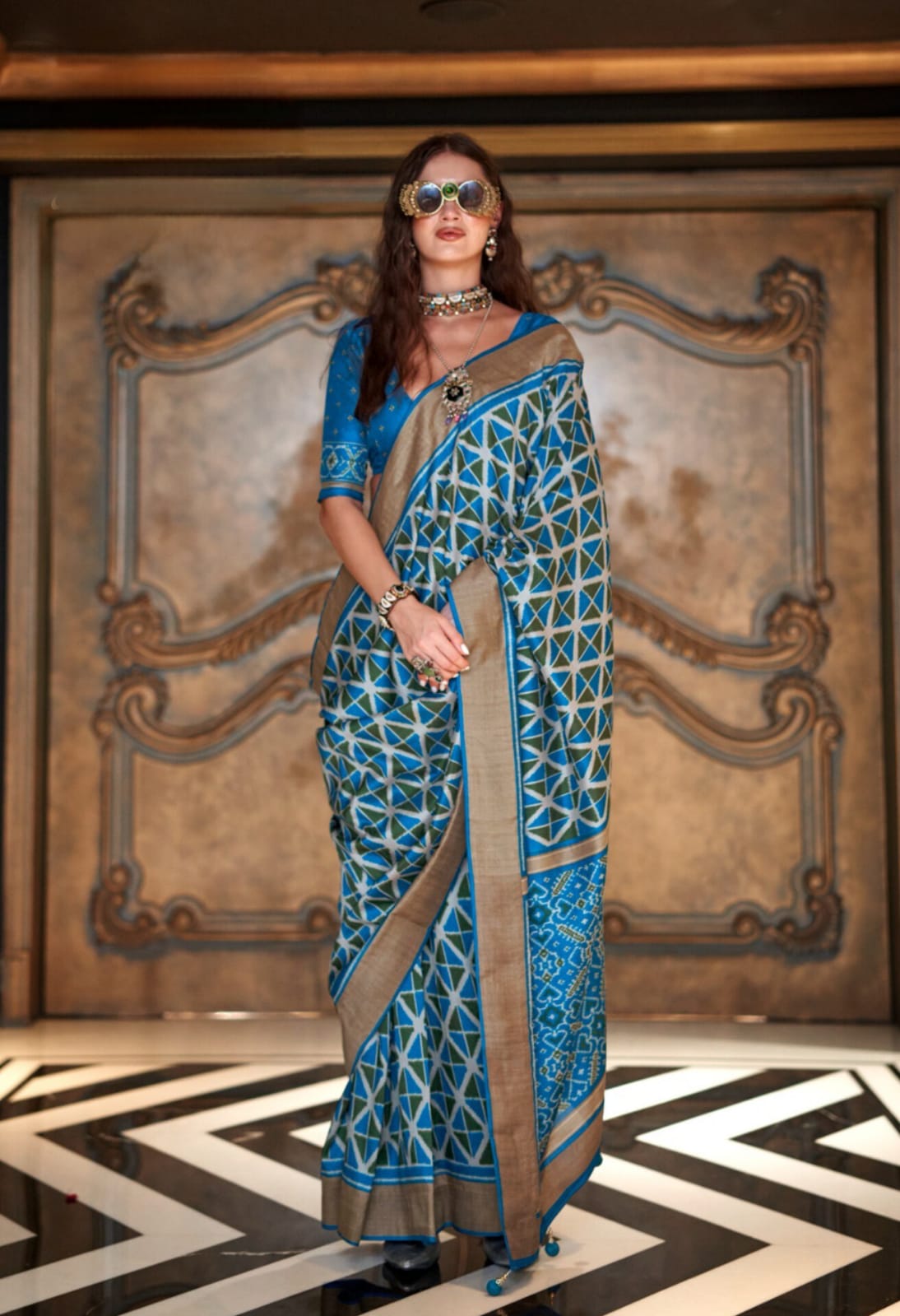 Turquoise Double Ikkat Silk Printed Saree