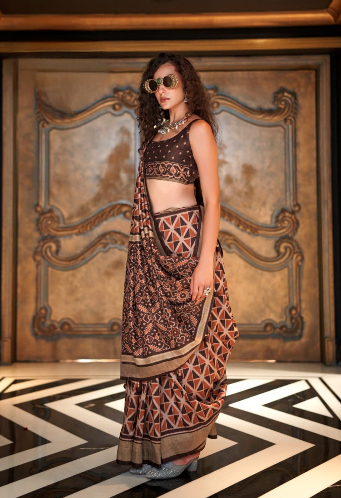 Brown Double Ikkat Silk Printed Saree