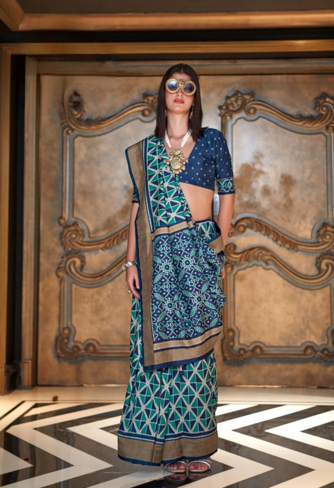 Teal Double Ikkat Silk Printed Saree