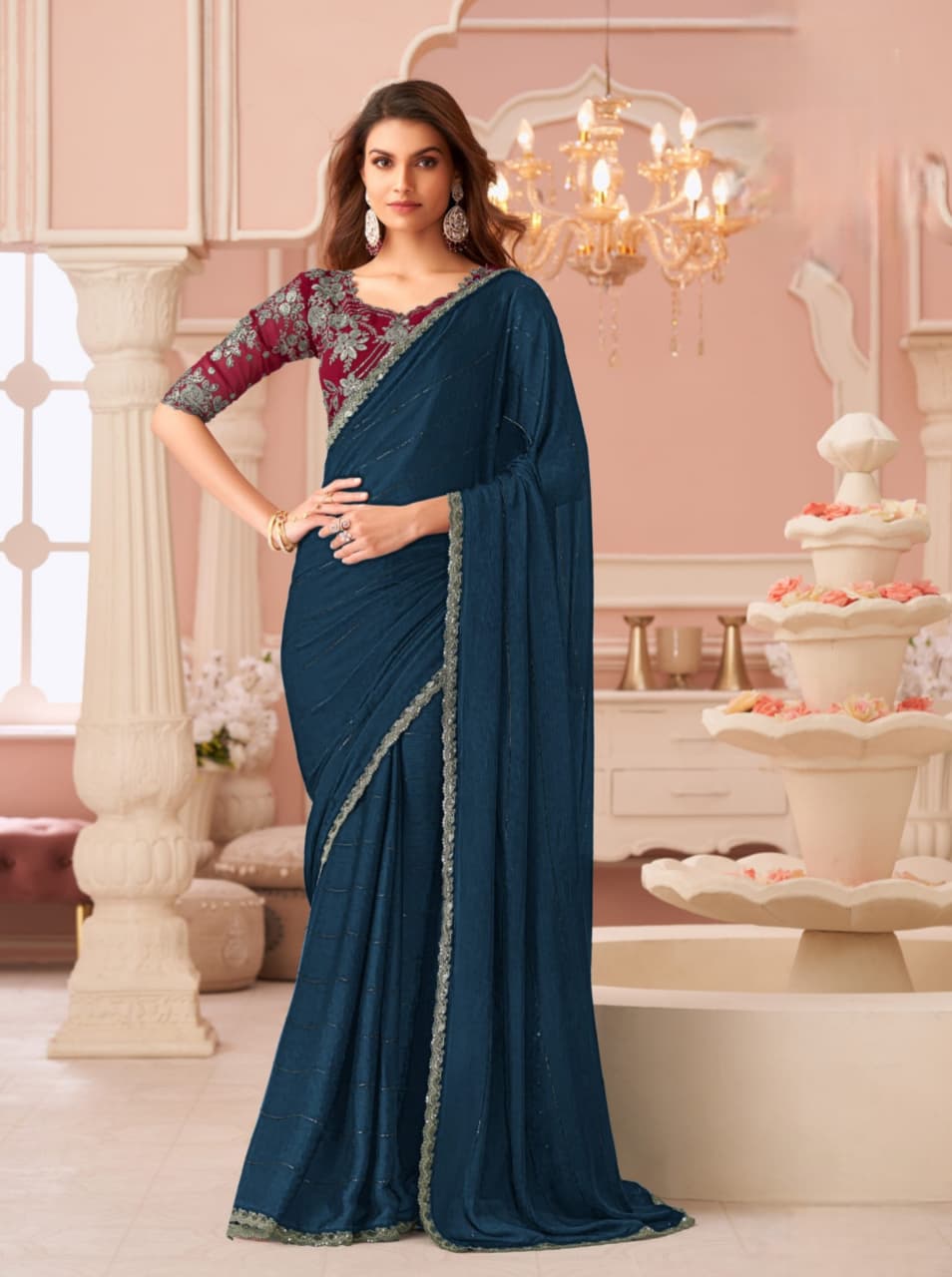 Navy Pattern Work Sartin Saree