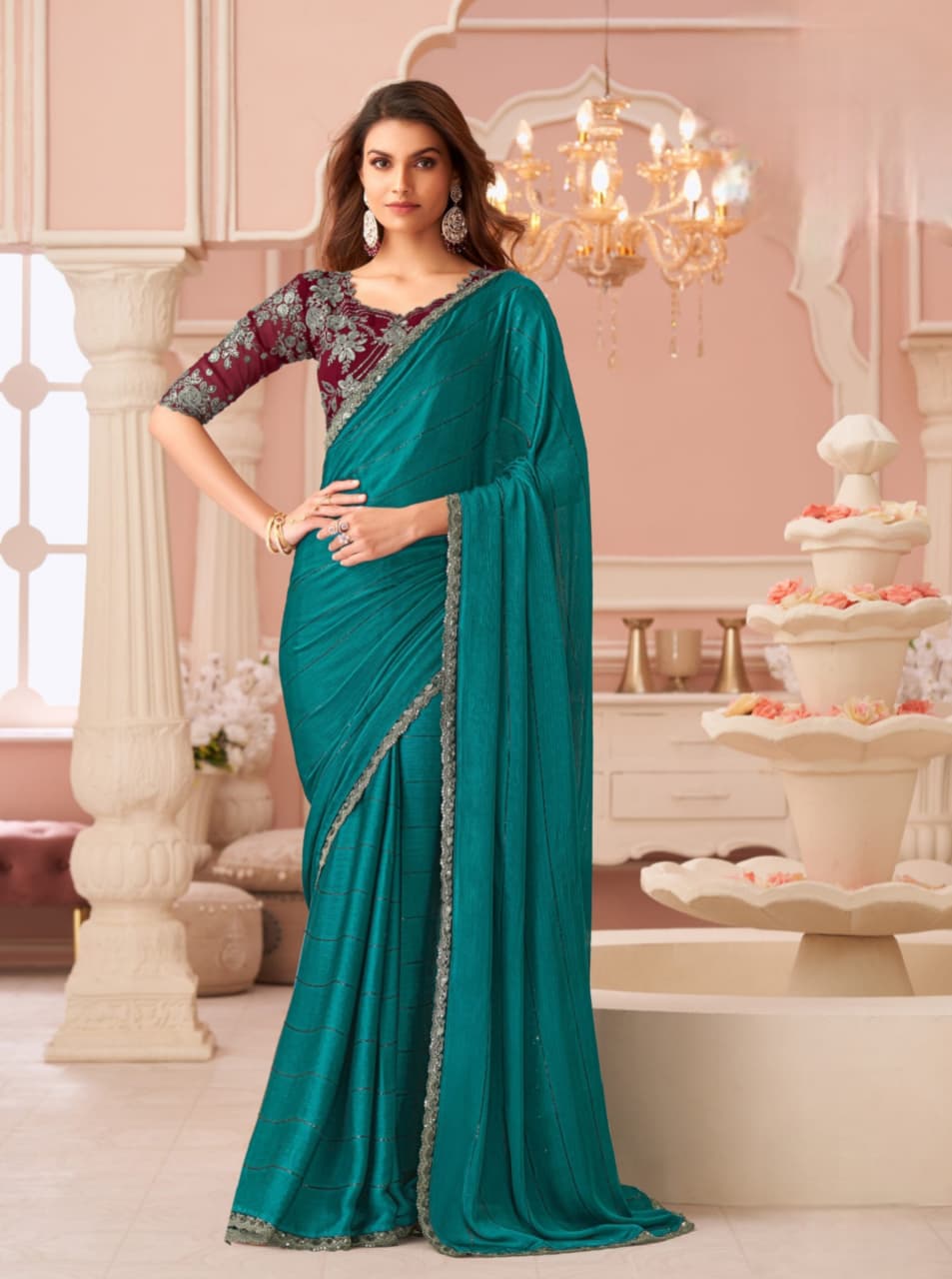 Teal Pattern Work Sartin Saree