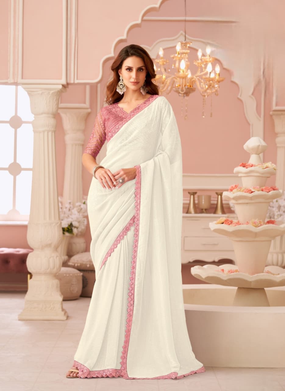White Rainbow Georgette Banglori Work Saree