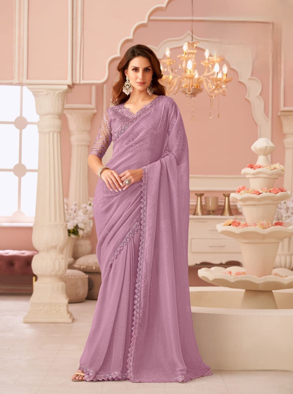 Purple Rainbow Georgette Banglori Work Saree