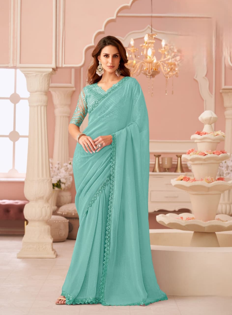 Turquoise Rainbow Georgette Banglori Work Saree