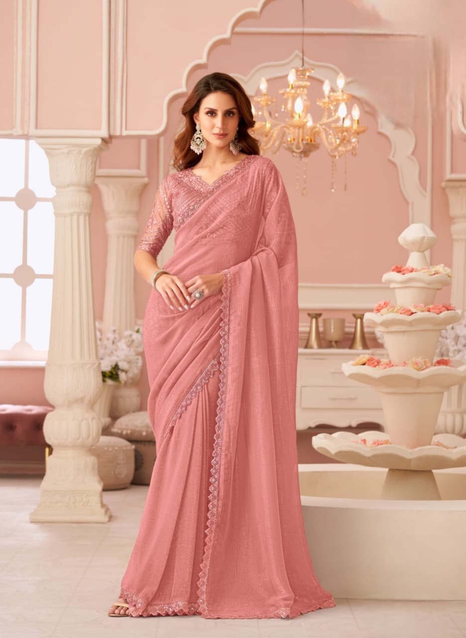 Pink Rainbow Georgette Banglori Work Saree