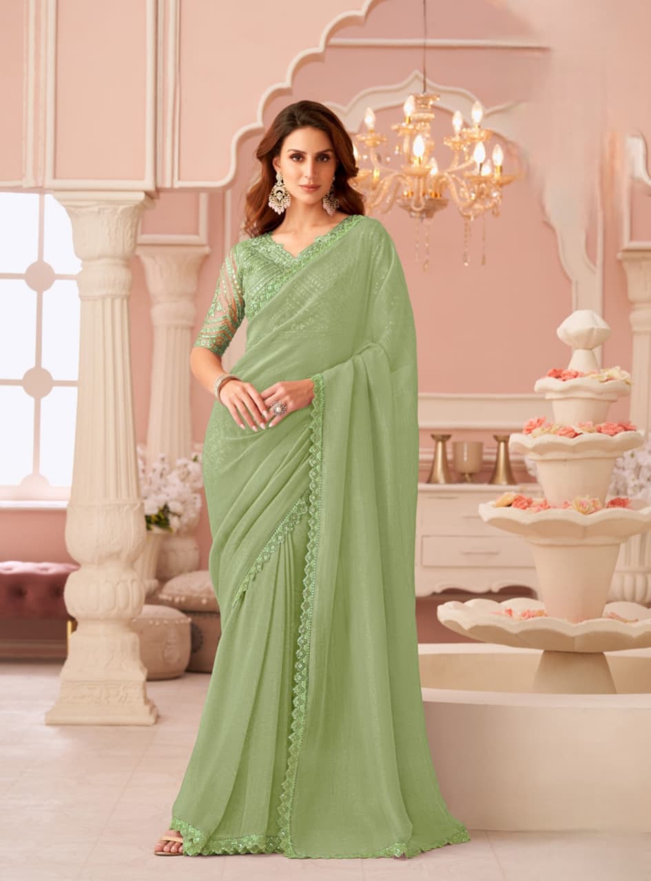 Green Rainbow Georgette Banglori Work Saree