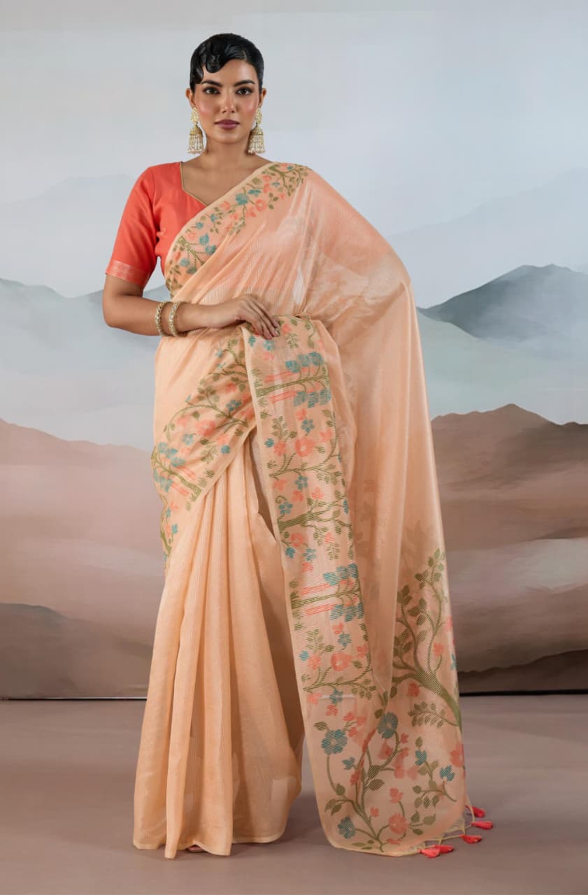 Peach Zari Tissue Brasso Weaving Saree
