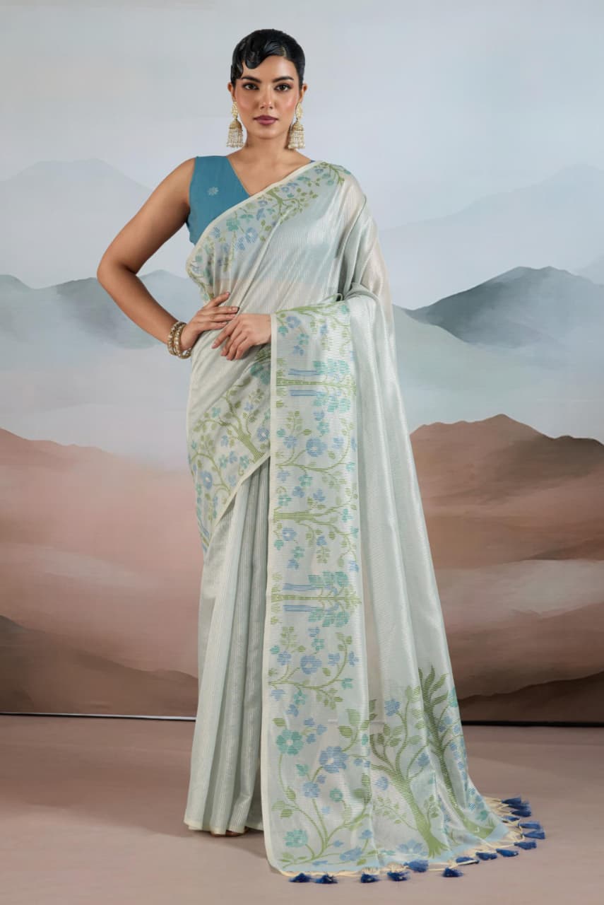Sky Blue Zari Tissue Brasso Weaving Saree