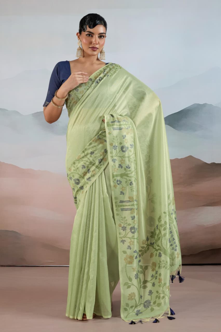 Green Zari Tissue Brasso Weaving Saree