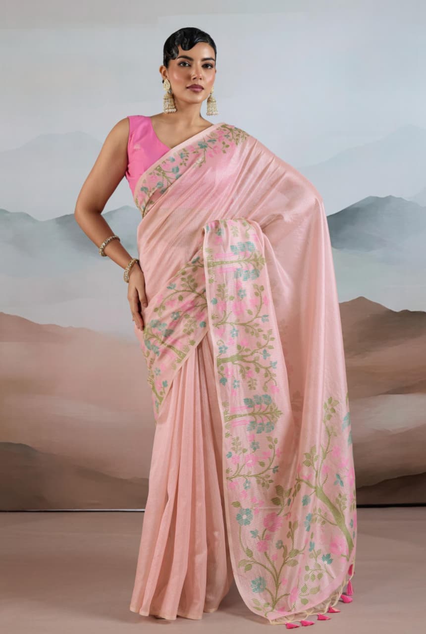 Pink Zari Tissue Brasso Weaving Saree
