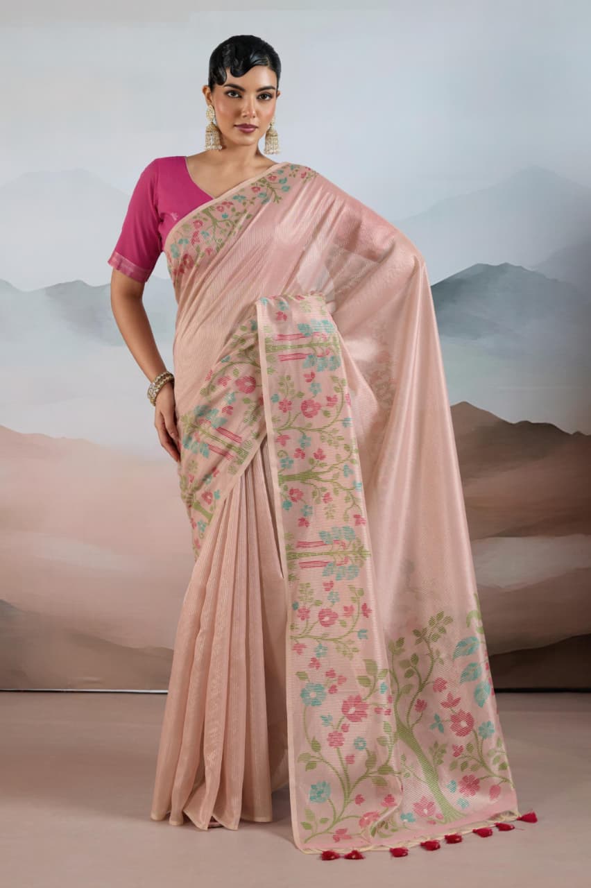 Dusty Pink Zari Tissue Brasso Weaving Saree