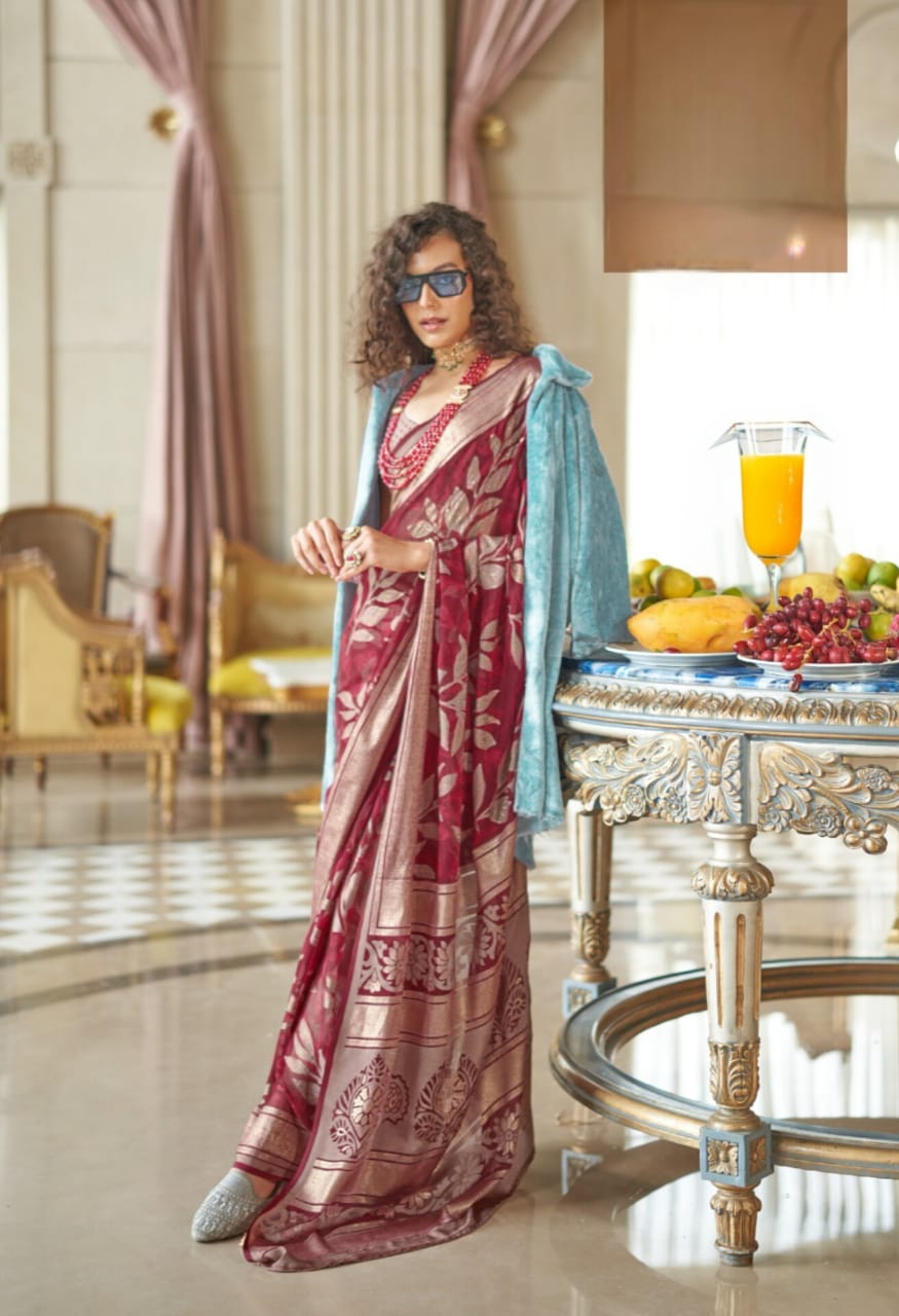 Wine Lux P V Georgette Burnout Fancy Design Saree