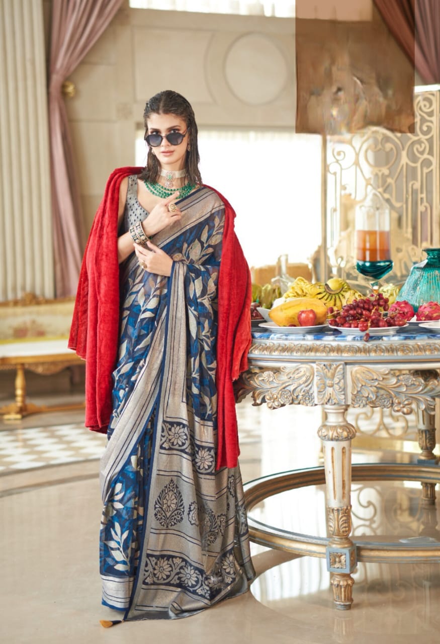 Blue Lux P V Georgette Burnout Fancy Design Saree
