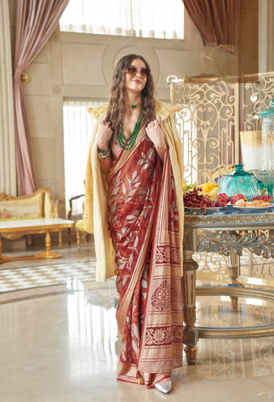 Maroon Lux P V Georgette Burnout Fancy Design Saree