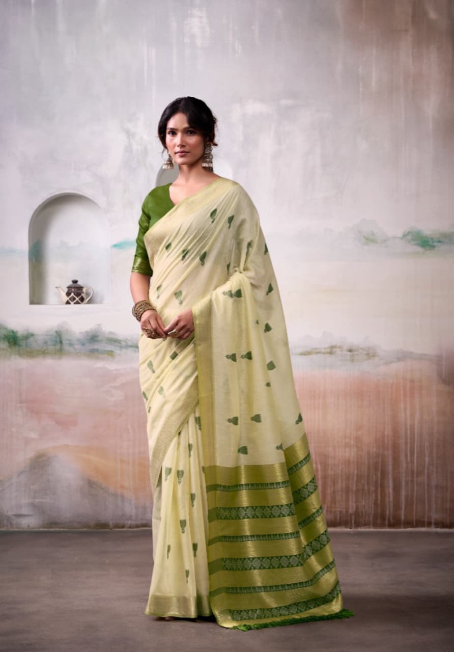 Cream Green Modal Cotton Weaving Zari Border Saree