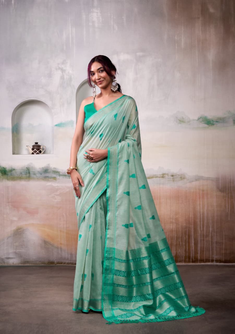 Mint Green Modal Cotton Weaving Zari Border Saree