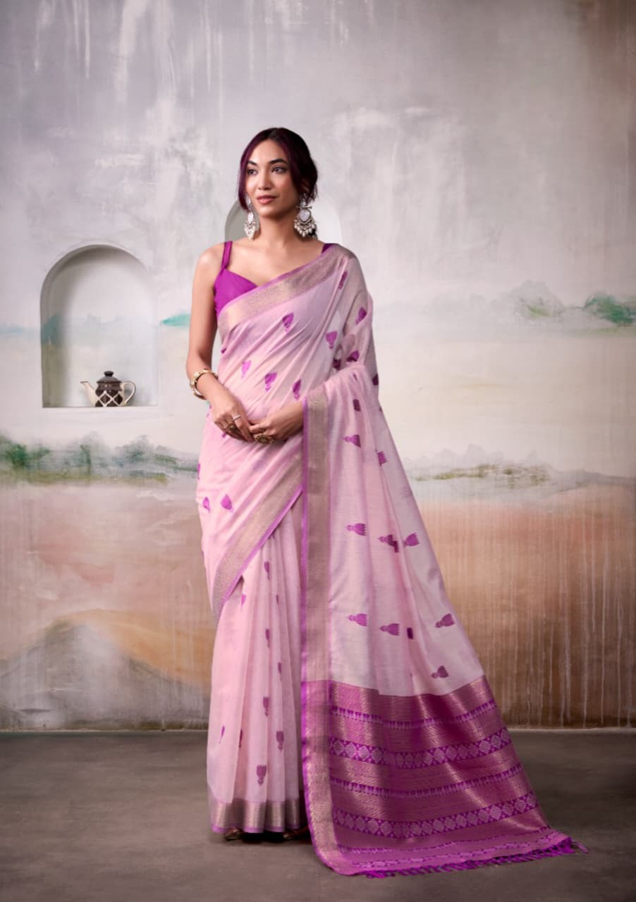 Light Pink Modal Cotton Weaving Zari Border Saree