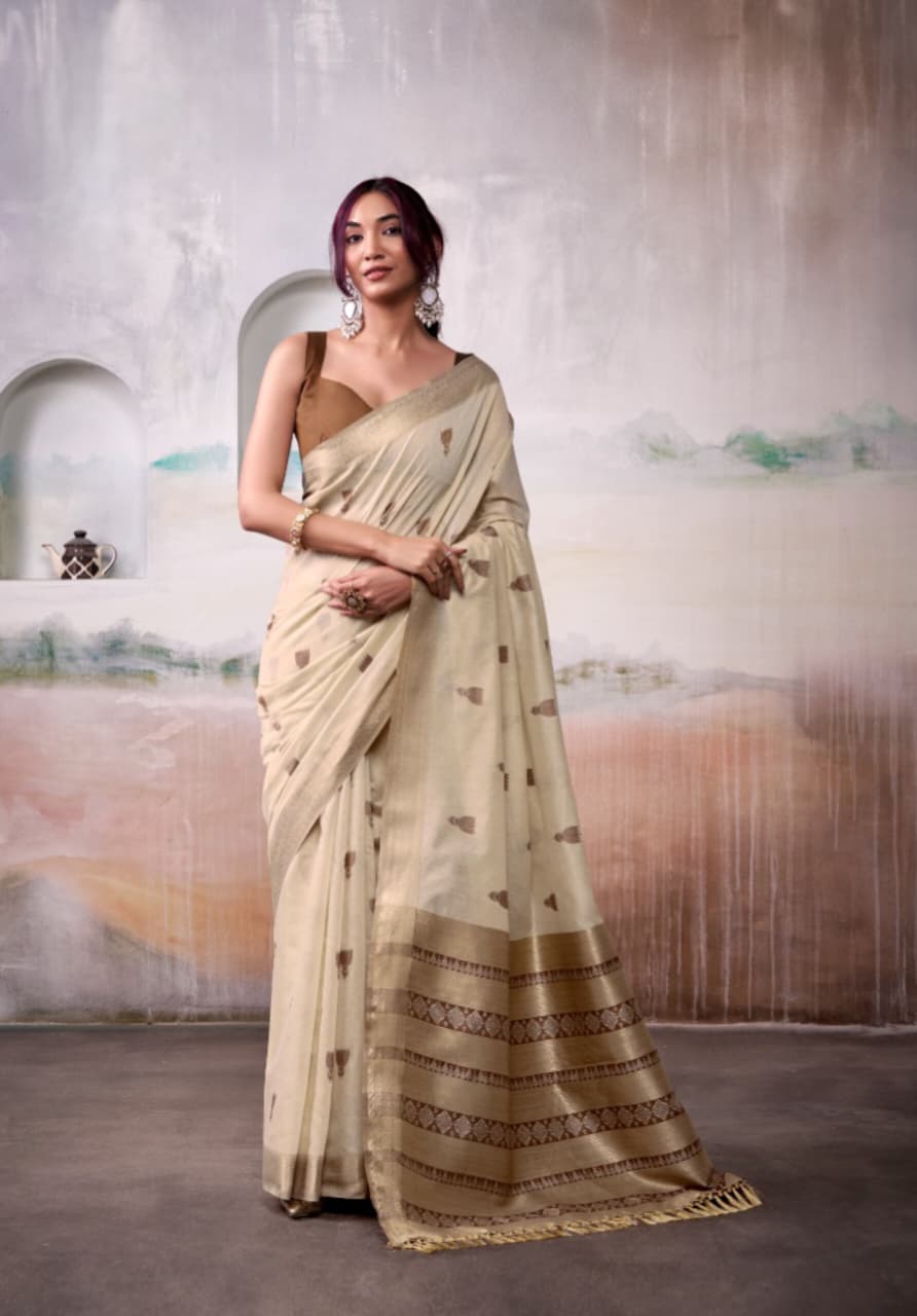 Cream Modal Cotton Weaving Zari Border Saree