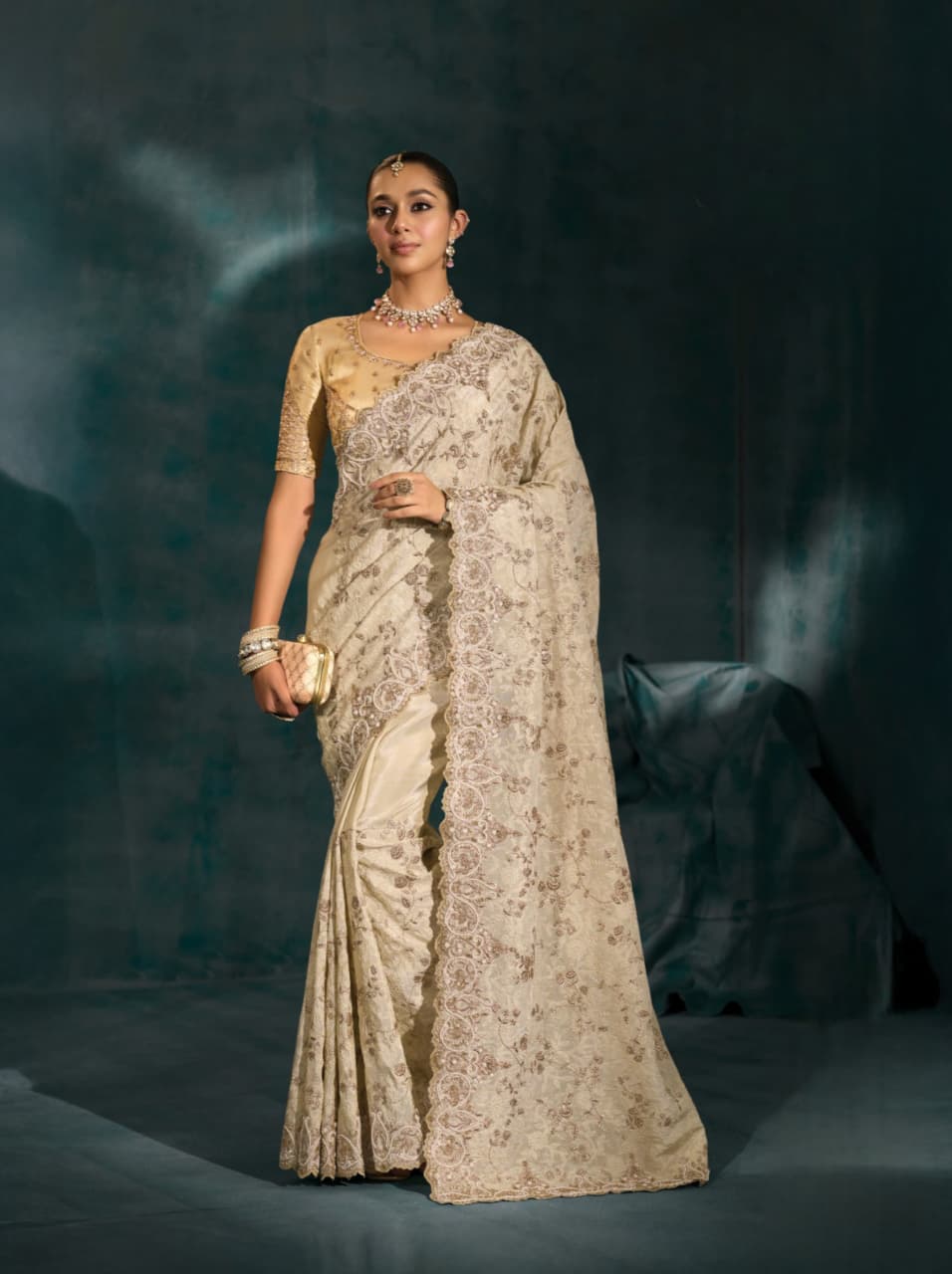 Cream Pure Banarasi Jari Handwork Saree