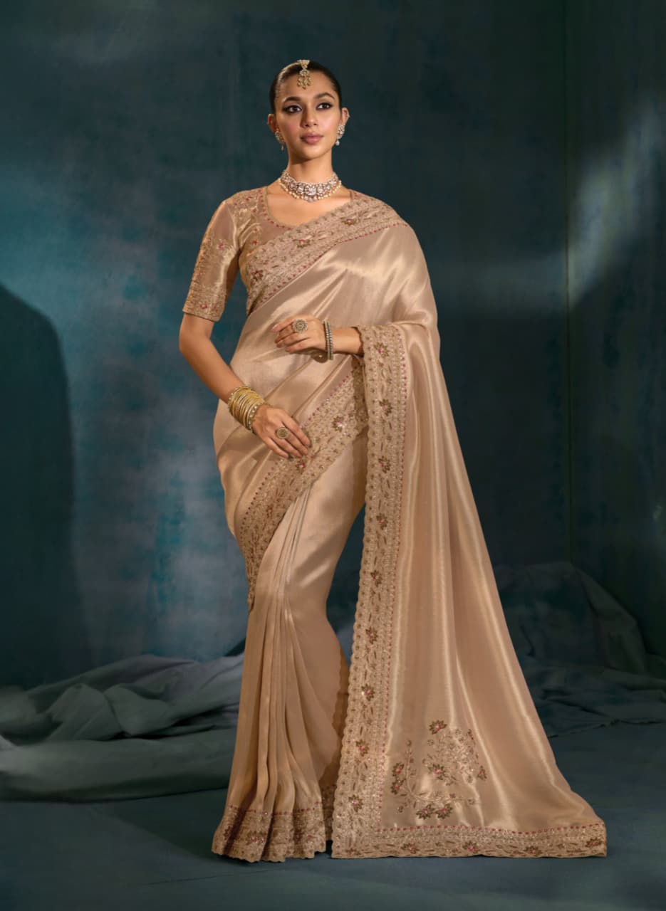 Golden Pure Ziraf Silk Mirror Handwork Saree