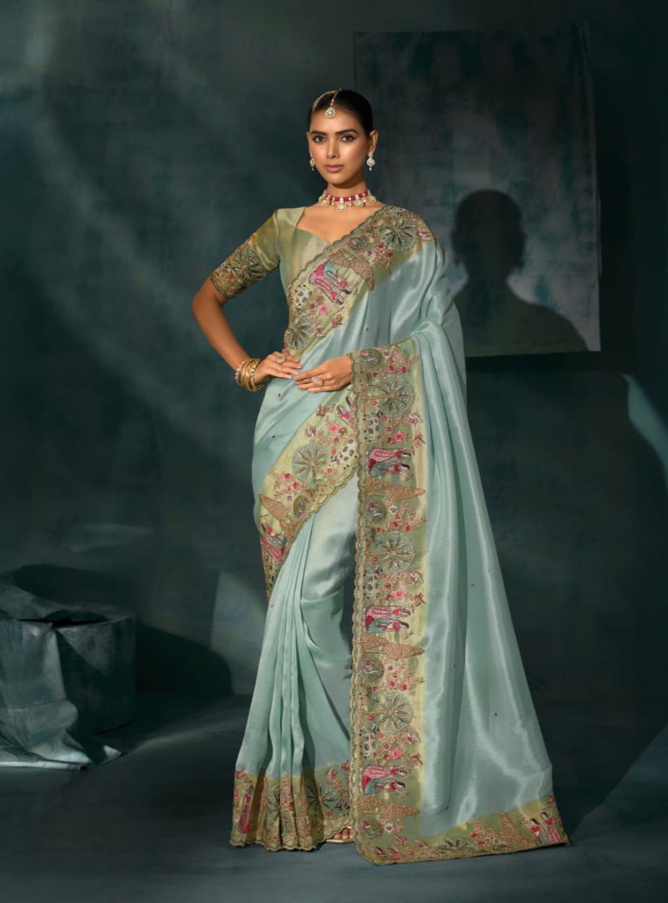 Sea Green Pure Ziraf Silk Jari Thread Handwork Saree