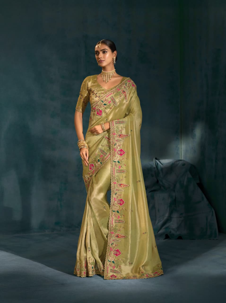 Pista Pure Ziraf Silk Jari Thread Handwork Saree
